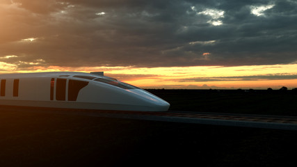 Electric passenger train at sunset backlit by a bright orange sunburst under an ominous cloudy sky. 3d Rendering