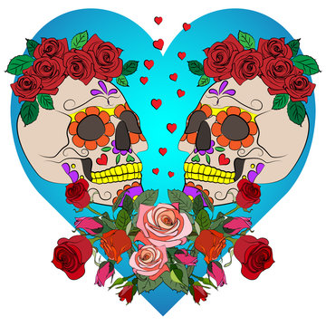 bright print with a skull with flowers on the background of the heart