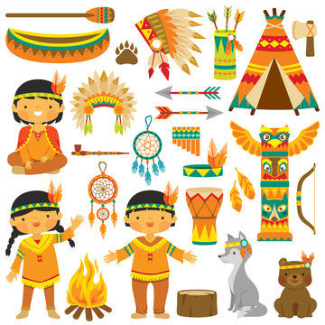 Clip art set with cute native American kids, animals and traditional items