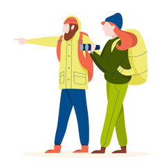 People hiking with backpack. Travel and adventure