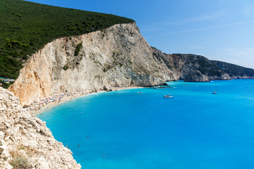 Panorama blue waters of Porto Katsiki Beach, Lefkada, Ionian Islands, Greece
