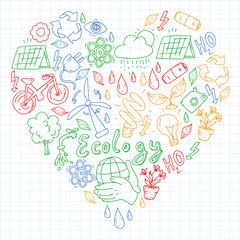 Vector logo, design and badge in trendy drawing style - zero waste concept, recycle and reuse, reduce - ecological lifestyle and sustainable developments icons. colorful. drawing on squared notebook.