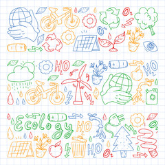 Vector logo, design and badge in trendy drawing style - zero waste concept, recycle and reuse, reduce - ecological lifestyle and sustainable developments icons. colorful. drawing on squared notebook.