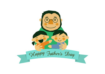 父の日のイラスト。お父さんと子供達。白背景の素材。バッジ。バナー。
