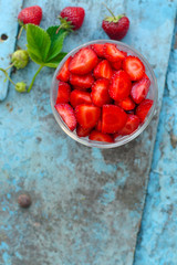 Strawberry dessert (fresh, organic berries) vitamins. food background. top