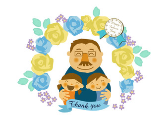 父の日のイラスト。お父さんと子供達。白背景の素材。バッジ。バナー。