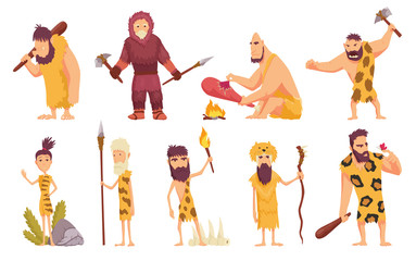 Primitive people in stone age cartoon icons set with cavemen pelt with weapon and ancient animals isolated vector illustration.