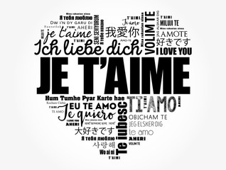 Je t’aime (I Love You in French) love heart word cloud in different languages of the world