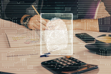 Concept of the future of security and password control through advanced technology. Fingerprint scan provides safe access with biometrics identification. Multi exposure.