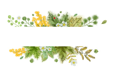 Banner with Horizontal Text Space and Green Tree Leaves, Flowers and Ladybugs.