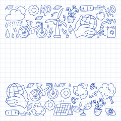 Vector logo, design and badge in trendy drawing style - zero waste concept, recycle and reuse, reduce - ecological lifestyle and sustainable developments icons. pen drawing on checkered paper.