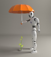 Fototapeta premium robot female protect sprout, plant,3d, render