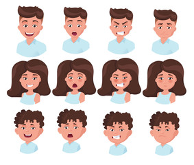 Boy, man, woman. Set of human emoji. European, brunette, character isolated on white background.