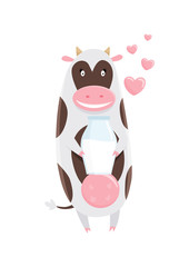 Cute happy cow cartoon with milk bottle.