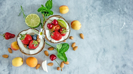 Summer light food of fruits, berries and cool drink background