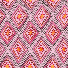 Traditional moroccan rhombic ornament in pink and purple. Seamless watercolor pattern