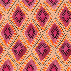 Traditional geometric moroccan rhombic ornament. Seamless watercolor pattern in purple and orange