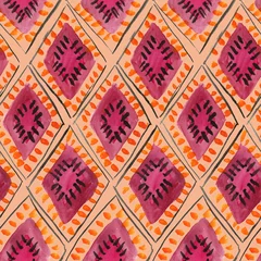 Wall murals Orange Traditional geometric moroccan rhombic ornament. Seamless watercolor pattern in purple and orange