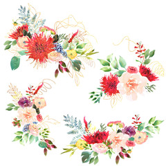 Collection Bright Wedding bridal romanric bouquet. Hand drawing watercolor red and purple and green flowers ornament
