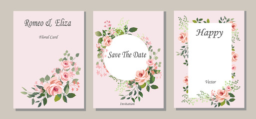 Set of cards with flowers, leaves. Vector illustration. Decorative invitation to the holiday. Wedding, birthday. Universal card.Pink rose.