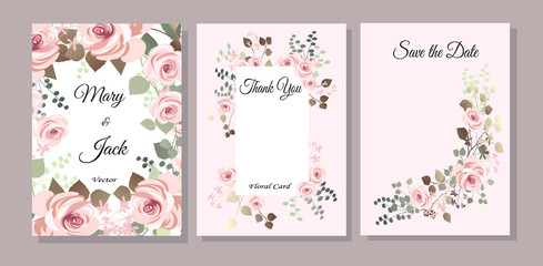 Set of cards with flowers, leaves. Vector illustration. Decorative invitation to the holiday. Wedding, birthday. Universal card.Pink rose.  Geometric framework.