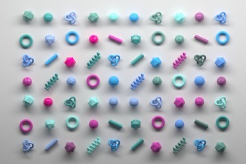 Large collection set of repeating randomly colored glossy primitive geometric figures