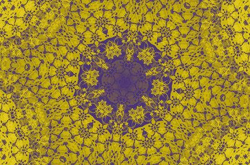 yellow mandala tiles background with rich saturated colors beautiful ornament.  Design of violet color mandalas. Template for textiles, bed lines, shawl, carpets, cushions.