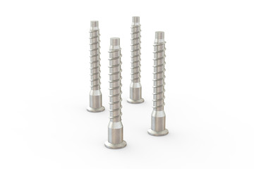 3D rendering. Screw-Confirmat for furniture.  Metal screws isolated on white background. Vertical. Metal self-tapping screws. Close up. Furniture hardware and fittings.