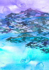 Fototapeta na wymiar Watercolor drawing with a mountain landscape. The peak of the mountain, the rock, the canyon. A blue sky, lake, river, reflectiona splash of paint. On white isolated background. Logo, picture.