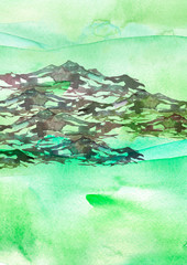 Watercolor picture of mountains, forest. Abstract vintage spots of blue, green. On a white background. Postcard, picture, poster, logo. The peak of the mountain, the rock, the canyon, field, meadow