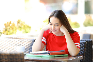 Concentrated student studying in a bar terrace