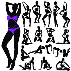 Set of silhouettes of sexy pinup girls in bikini. Vector icons of slim woman with long tress in sitting, standing and dancing poses. Beauty and fashion models isolated on white background.