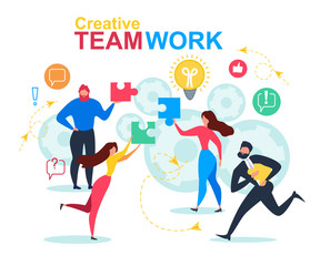 Plakat Cartoon People Puzzle Element Creative Teamwork