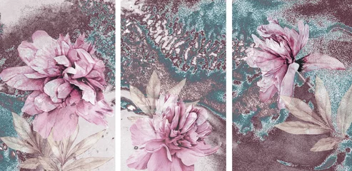 Sammlung von Designer-Ölgemälden. Dekoration für den Innenraum. Moderne abstrakte Kunst auf Leinwand. Eine Reihe von Gemälden mit rosa Pfingstrosen auf einem abstrakten blauen Hintergrund © Erenai