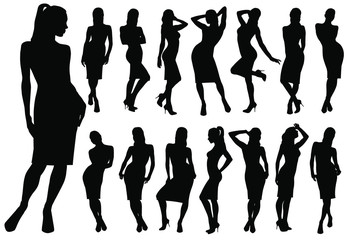 Set of black vector silhouettes of women in classic dress standing in different poses.  Icons of beautiful girl isolated on white background. 