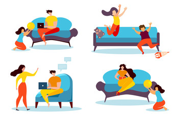 Fototapeta na wymiar Cartoon People Leisure at Home Family Indoors