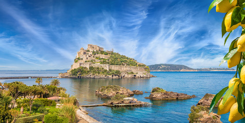 Aragonese Castle or Castello Aragonese located near Ischia Island, Italy.