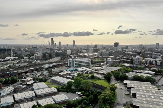 Aerial View Manchester Downtown and Stadium