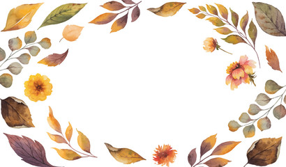 Watercolor vector autumn banner with fallen leaves and flowers isolated on white background.