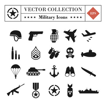 Vector collection of 20 military related icons isolated on white background