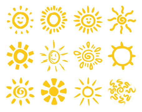 Vector set of 12 different hand drawn yellow sun illustrations isolated on white background