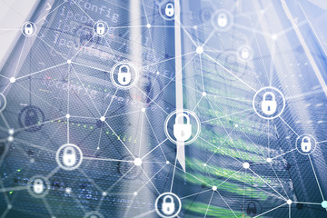 Cyber security, information privacy, data protection concept on modern server room background. Internet and digital technology concept.