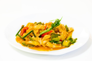 Stir-Fried Squid with Salted Egg Yolk on white dish isolated white background.