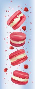 Raspberry macaroon in motion isolated on blue background. Sweet french macaroons close up. Falling macaroons. 3d vector illustrator