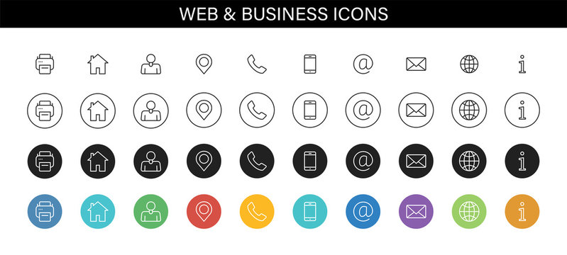 Set of Business Card icons. Name, phone, mobile, location, place, mail, fax, web. Contact us, information, communication. Vector illustration.