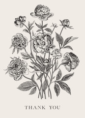 Vintage vector floral illustration. Flower arrangement. Peonies. Black and white. Greeting card. Thank you