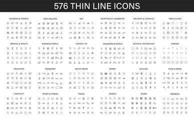 Big vector collection of 576 thin line Web icon. Business, finance, seo, shopping, logistics, medical, health, people, teamwork, contact us, arrows, technology, social media, education, creativity. - obrazy, fototapety, plakaty