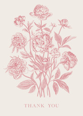 Vintage vector floral illustration. Flower arrangement. Peonies. Greeting card. Thank you