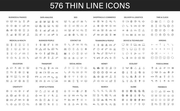 Big vector collection of 576 thin line Web icon. Business, finance, seo, shopping, logistics, medical, health, people, teamwork, contact us, arrows, technology, social media, education, creativity.