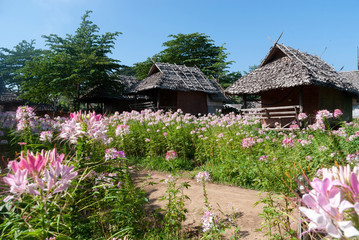 Bamboo hut with flowers in Northern Thailand